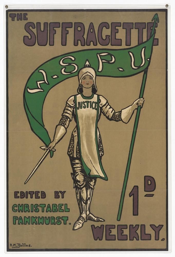 Suffrage poster depicting an issue of the periodical, The Suffragette, with a figure of a woman, 'Justice', clad in armour, bearing a banner labeled W.S.P.U