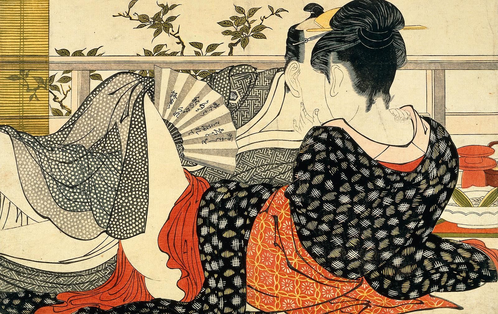 Lovers reclining in a room of a teahouse, their legs entwined legs, touching each other's face and neck as they kiss