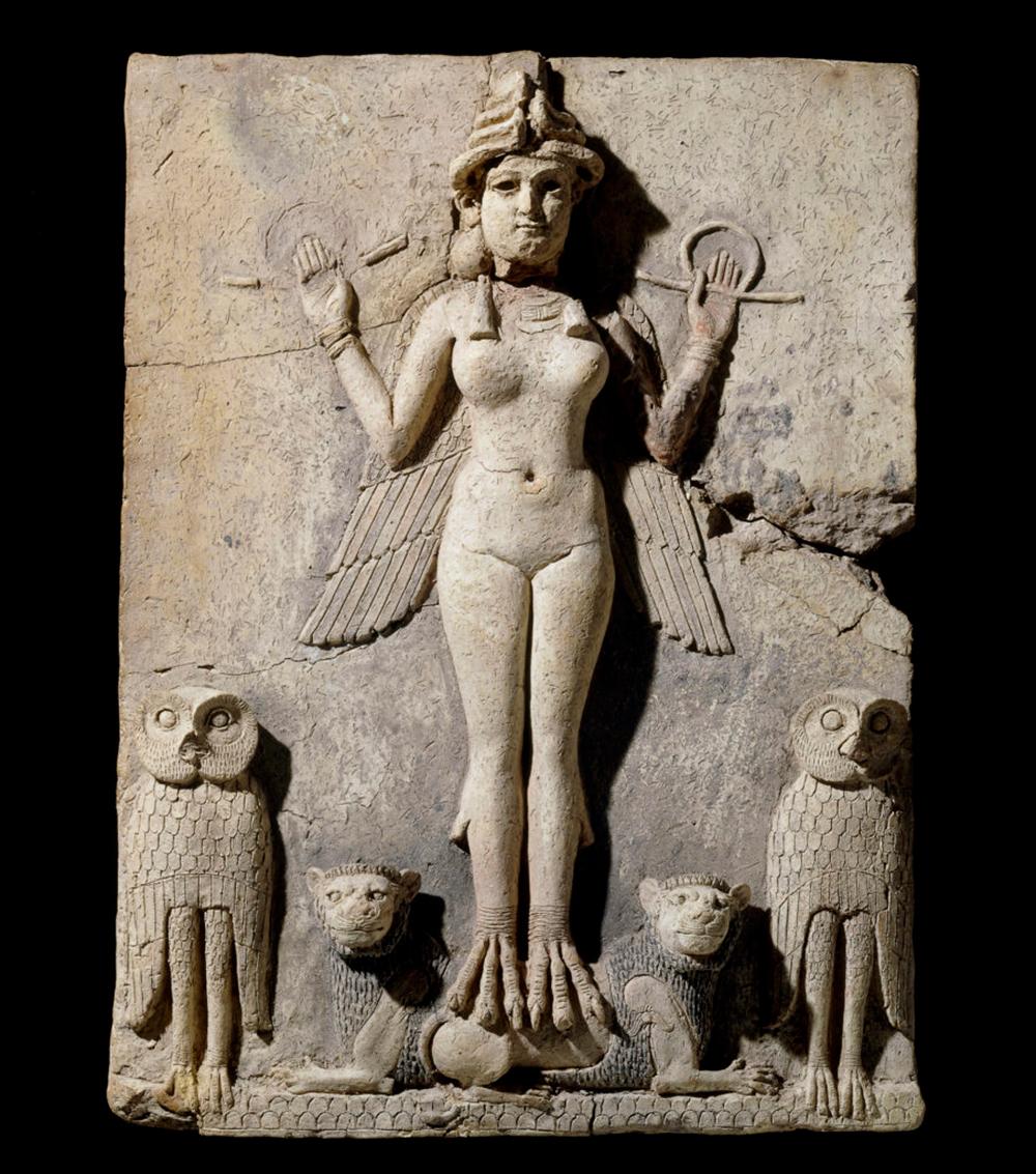 Relief depicting a nude female figure with and talons, wearing a headdress and elaborate necklaces and bracelets