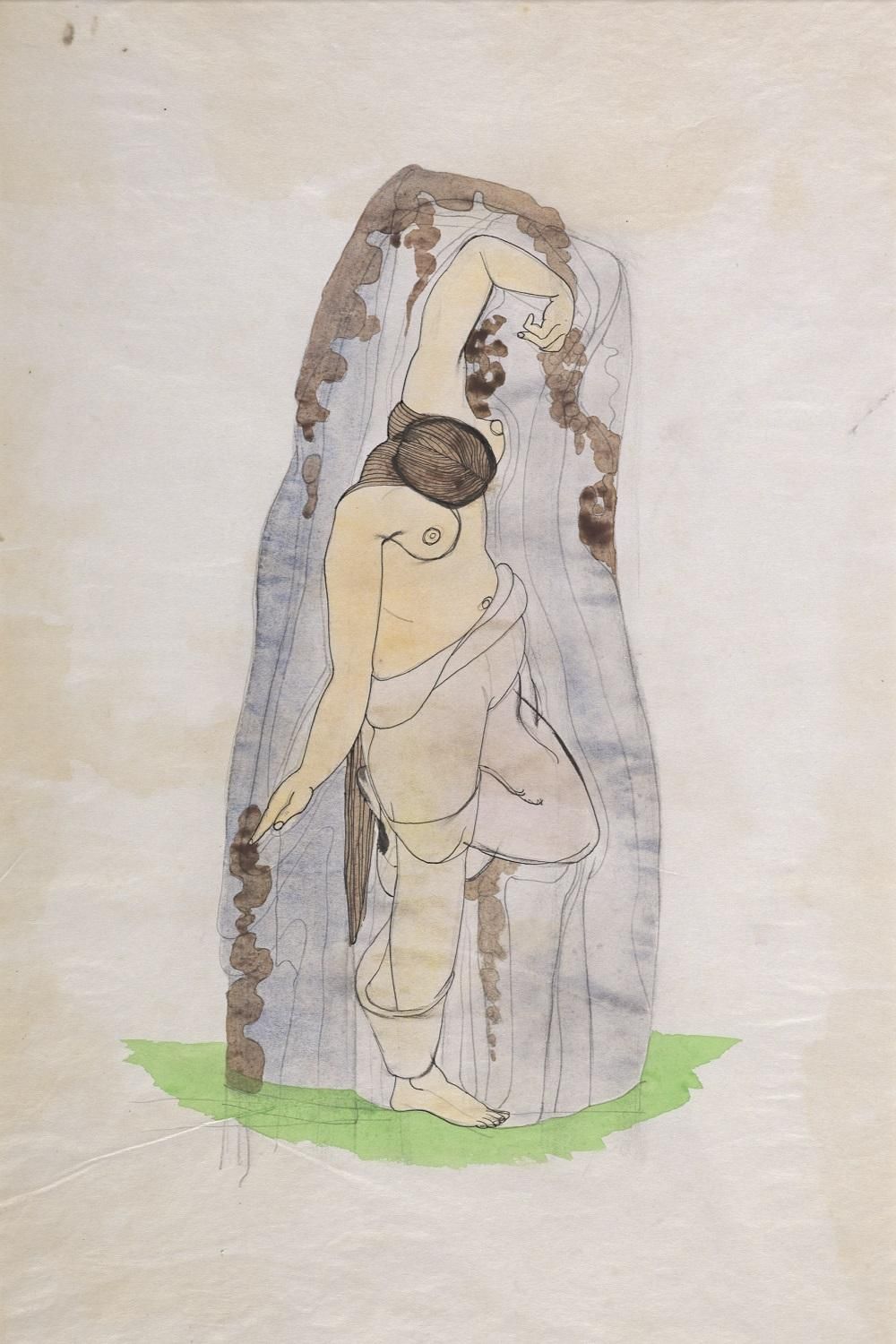 A colour drawing of a woman, with loose clothing form her waist down, draping herself over a rock