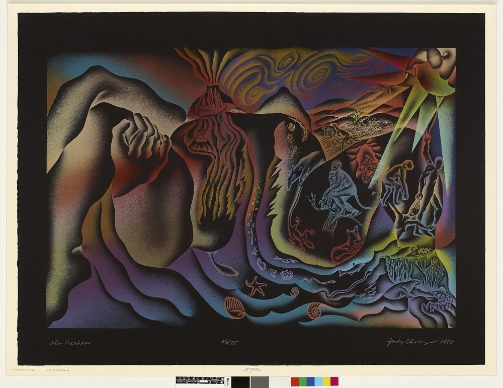 A vibrant, colourful print of a female deity giving birth to various forms of life.