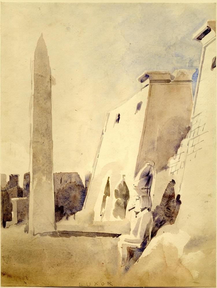 Watercolour showing fortifications to right with huge seated sculpted figure in right foreground, monumental stone needle in left, more walls beyond