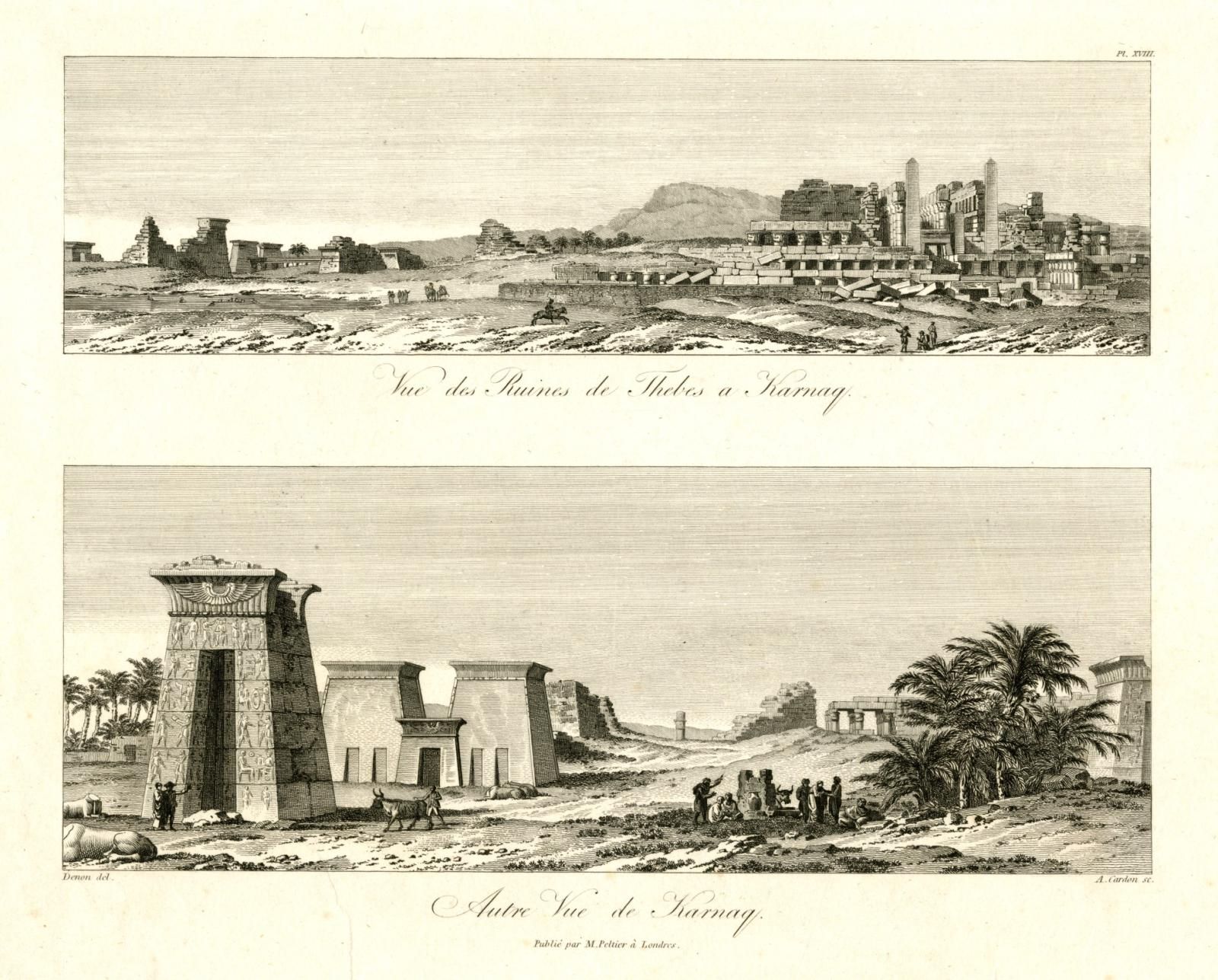 Two views: above, the ruins of Thebes, a large temple to right with obelisk,  below,  the remnants of a great square arch on the left, other ruins, people and livestock