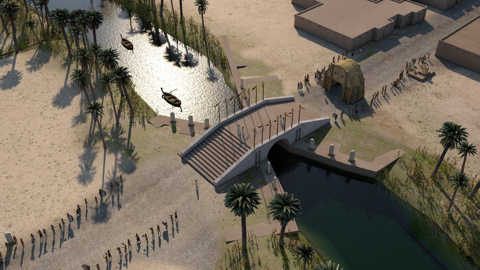 Computer generated image of a bridge over a river with palm trees on its banks.