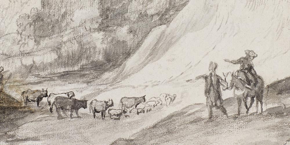 Black and white drawing showing an Italian landscape with two herdsmen (one on a horse) pointing to at some cattle in the valley.