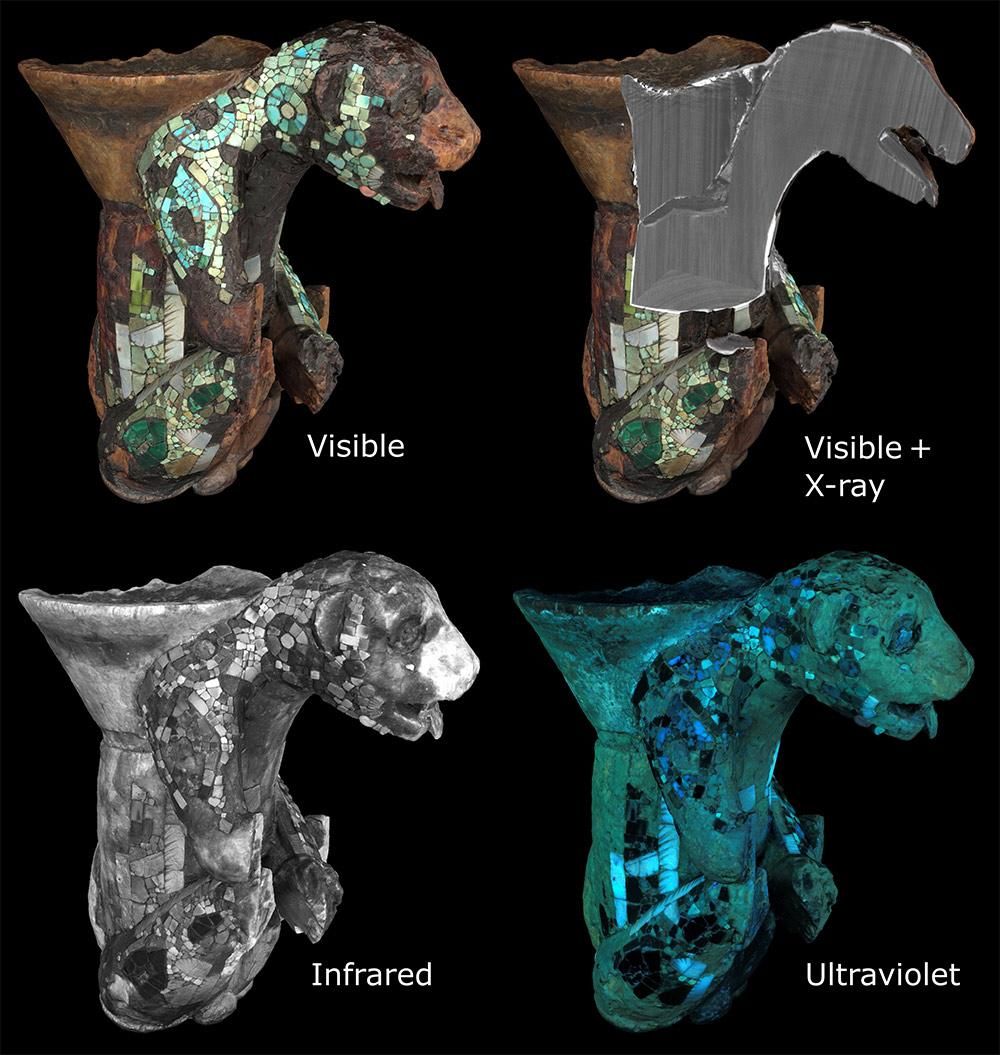 A montage of four images of the same seated jaguar figure showing the object in visible, infrared and ultraviolet light. The fourth image is a combination of an X-ray and an image captured in visible light.