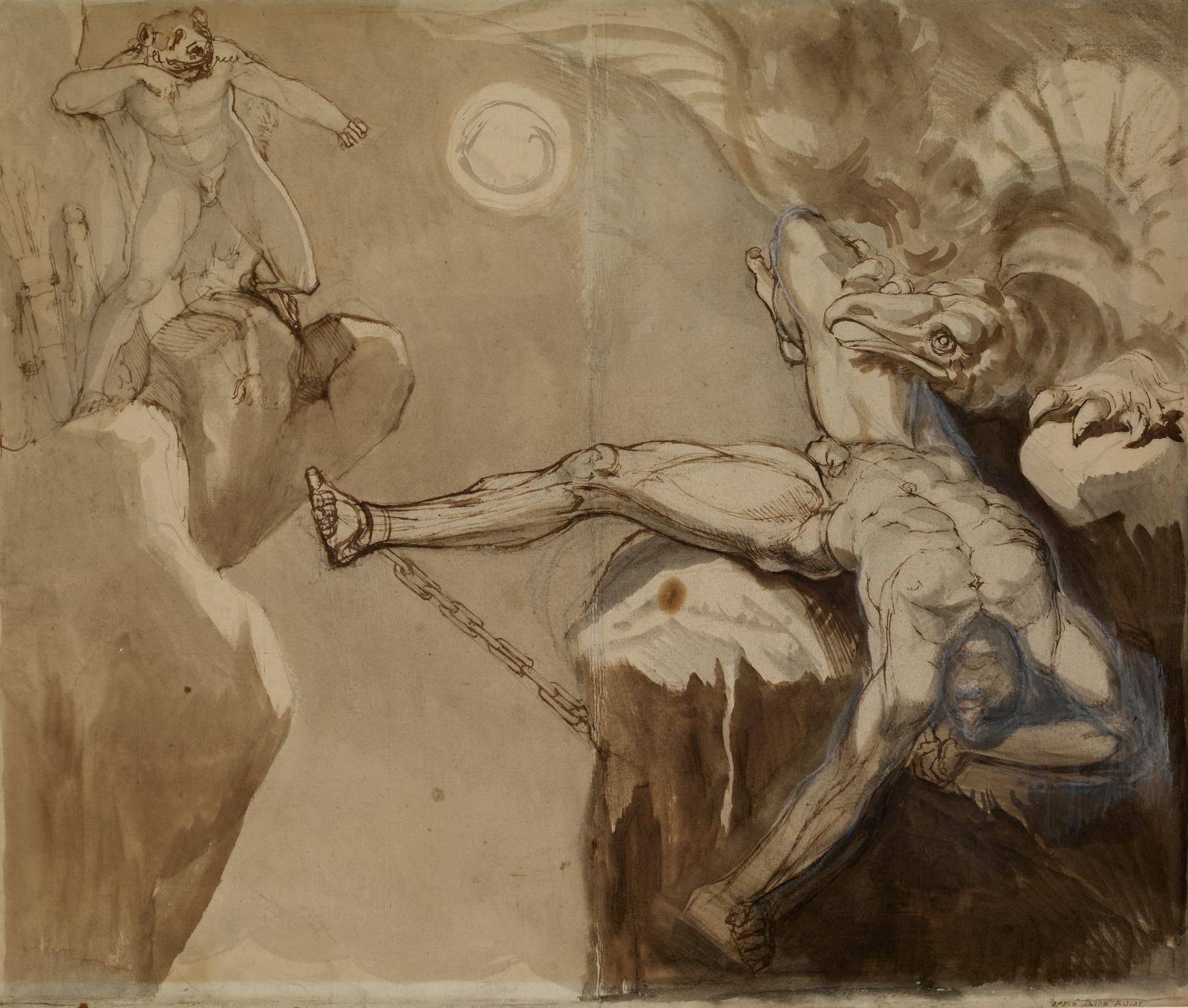 A pen and brown ink drawing of Prometheus being rescued by Hercules as he lies chained to a rock.