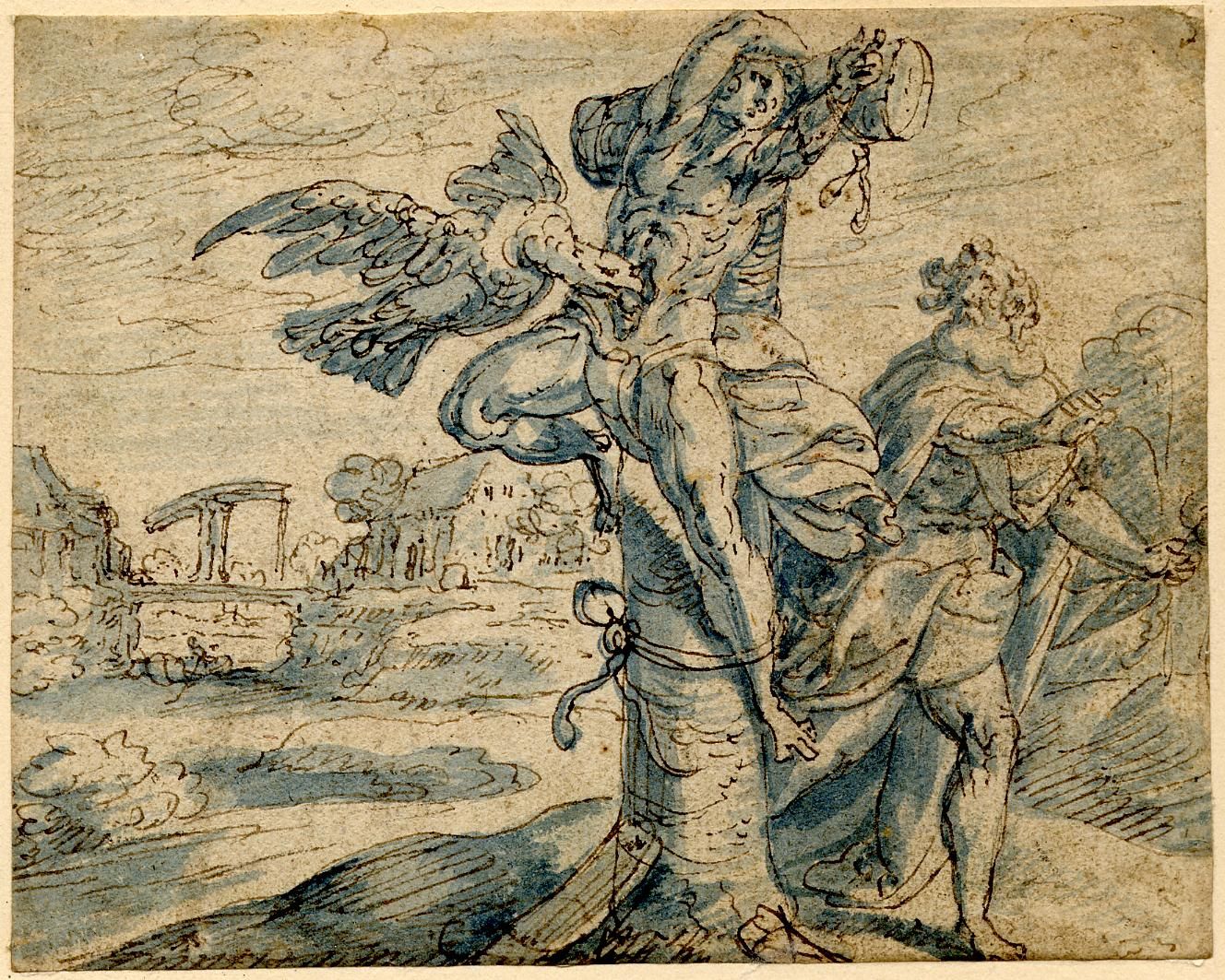 A drawing of Prometheus tied to a tree, with a bird pecking out his liver.