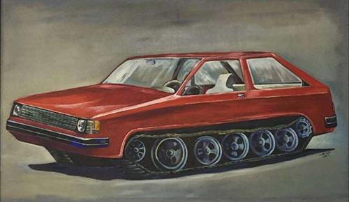 A painting of a red car with 7 visible wheels like those of a military tank.