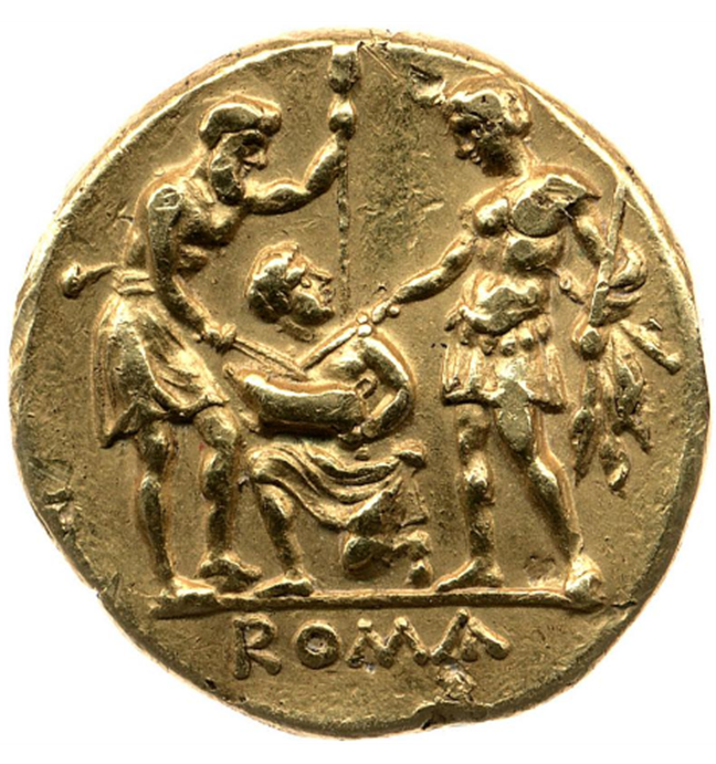 Gold coin showing two soldiers stand facing each other with swords resting on a sacrificial pig