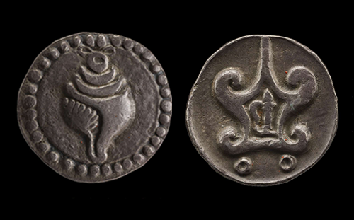 Two sides of a dull silver coin: with a conch shell and a studded periphery and the other with a srivatsa