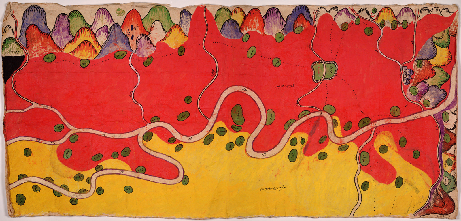 A map showing colourful mountains, a large expanse of red and of yellow, separated by a winding road or river.