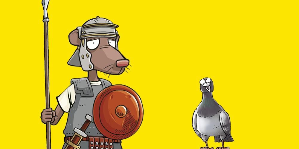 Colour illustration of a nervous-looking rat dressed in Roman armour with a shield and spear, alongside a perched pigeon on a bright yellow background. 
