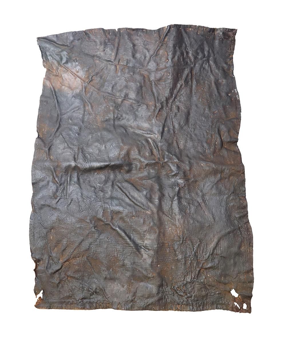 A preserved sheet of leather that is darkened and crumpled, taking on the appearance of a crumpled sheet of bronze