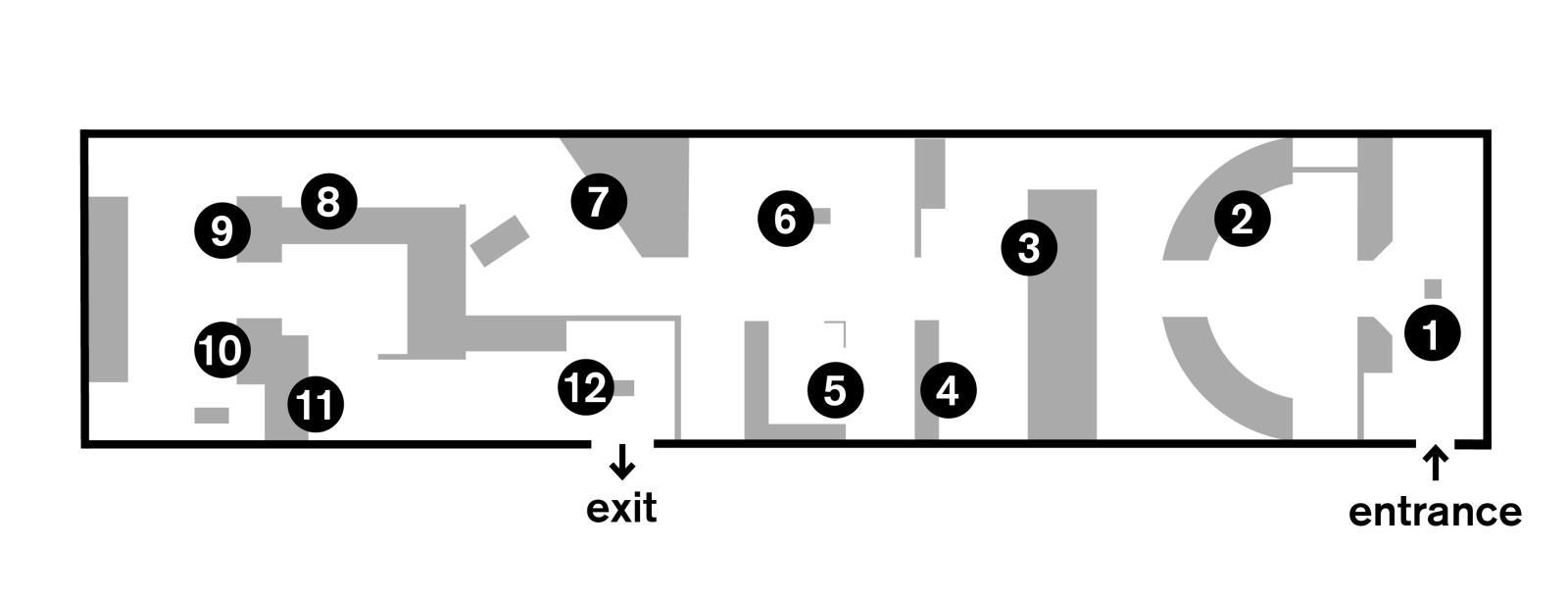 A map of the an exhibition's layout with numbers indicating objects' location on the map. Below this are numbered pictures of the objects.