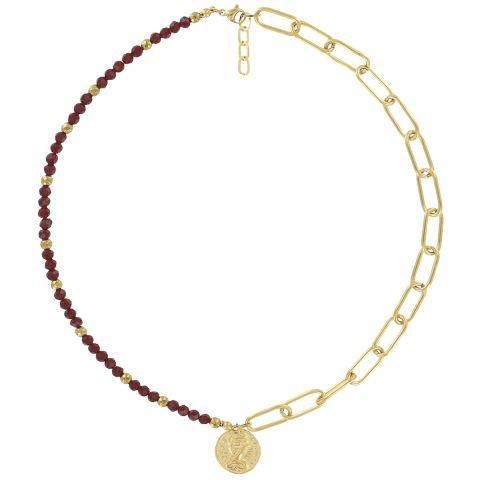A necklace made of two halves, one of deep red and gold beads, the other of gold linked chain, and with a gold coin pendant