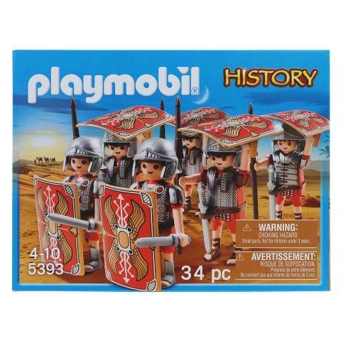 A blue box with images of plastic Playmobil History Roman soldier figures holding swords and red shields