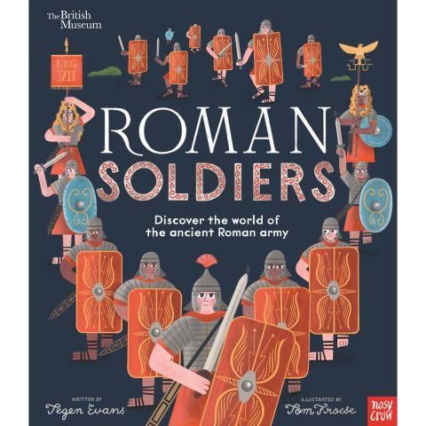 A book with a dark blue background and illustrations of Roman soldiers holding red shields and swords