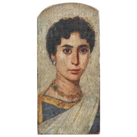A wooden panel painted with a picture of a woman's head and shoulders. She has dark hair that curls around her forehead, and wears ornate jewellery