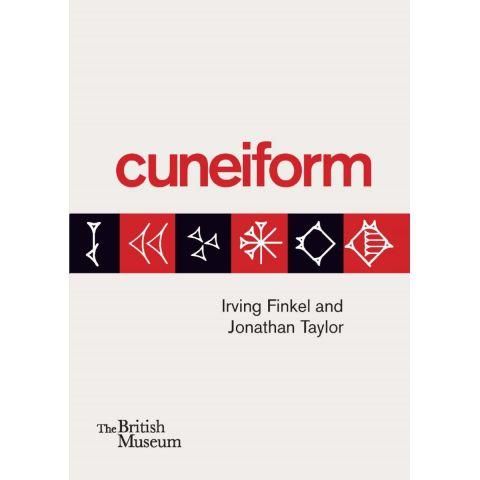 Book cover with images of six cuneiform inscriptions on alternating black and red backgrounds. 