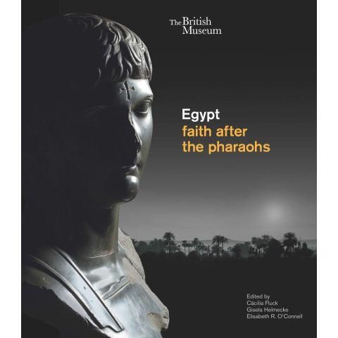 Book cover with black and white photo of the bust of an ancient Egyptian person, with a sunset and palm trees in the background. 