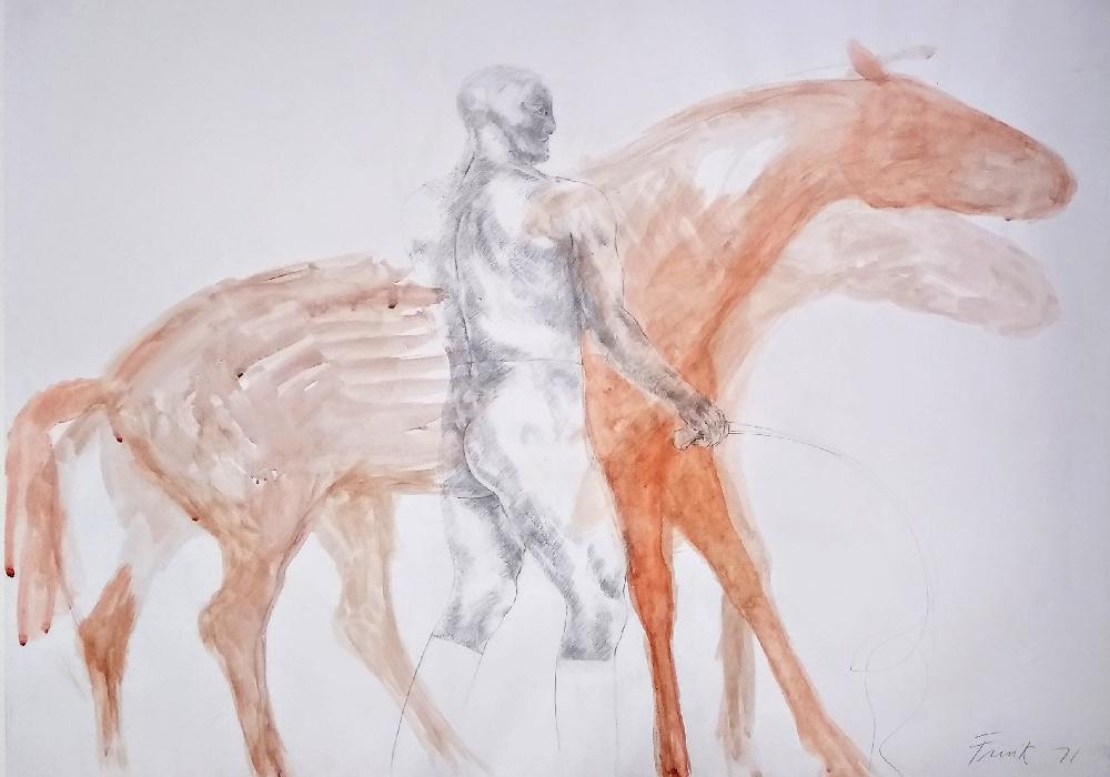 Watercolour of a brown horse with the side view of a naked man stood in front of it. 