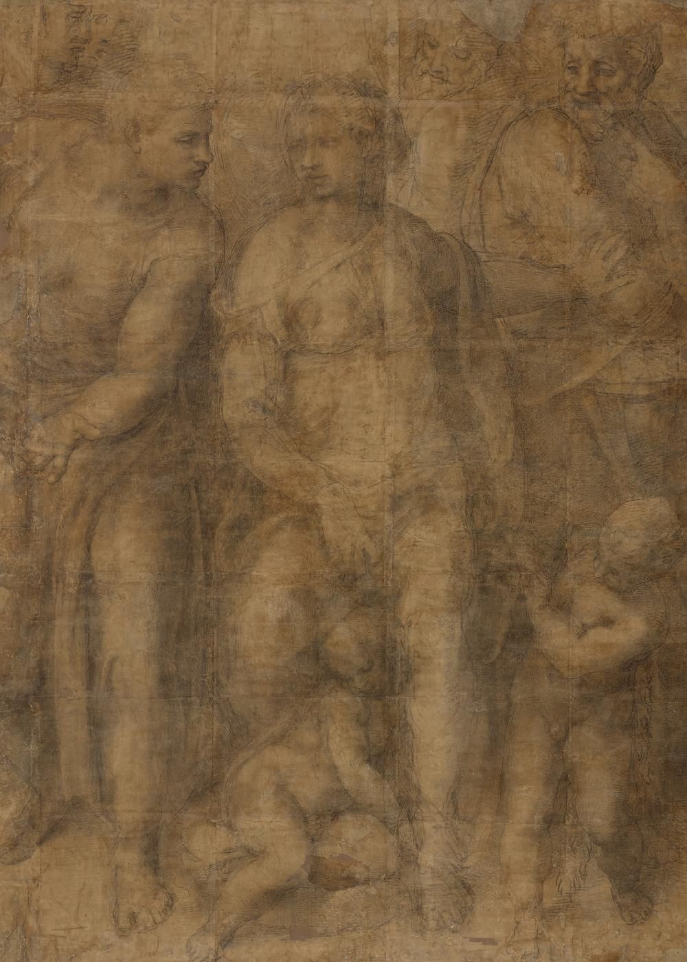 Epifania drawing before the conservation treatment. The paper is dark brown and the figures are indistinct.