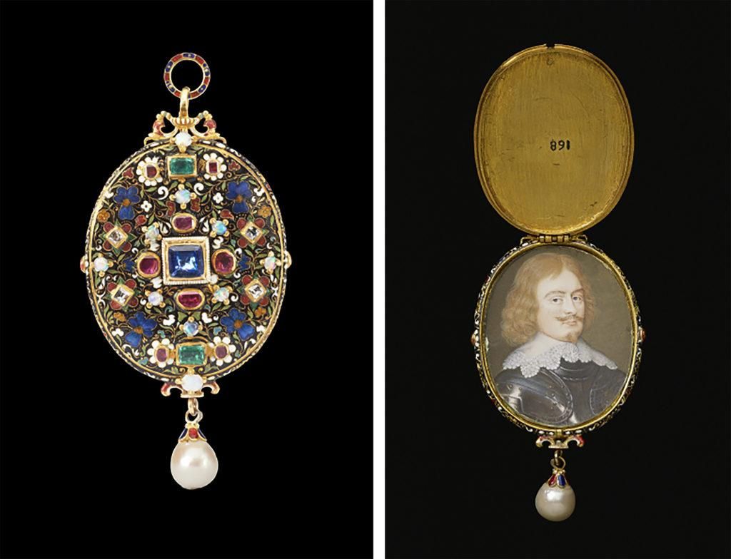 Gold oval locket covered in jewels containing a miniature portrait of a bearded man in armour