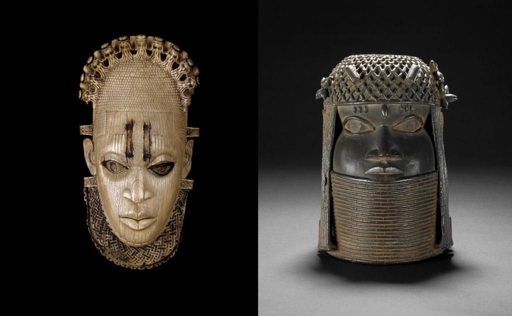 Two images, on the left a carved ivory mask of naturalistic human face, on the right, a commemorative head wearing beaded regalia, lost-wax cast in brass